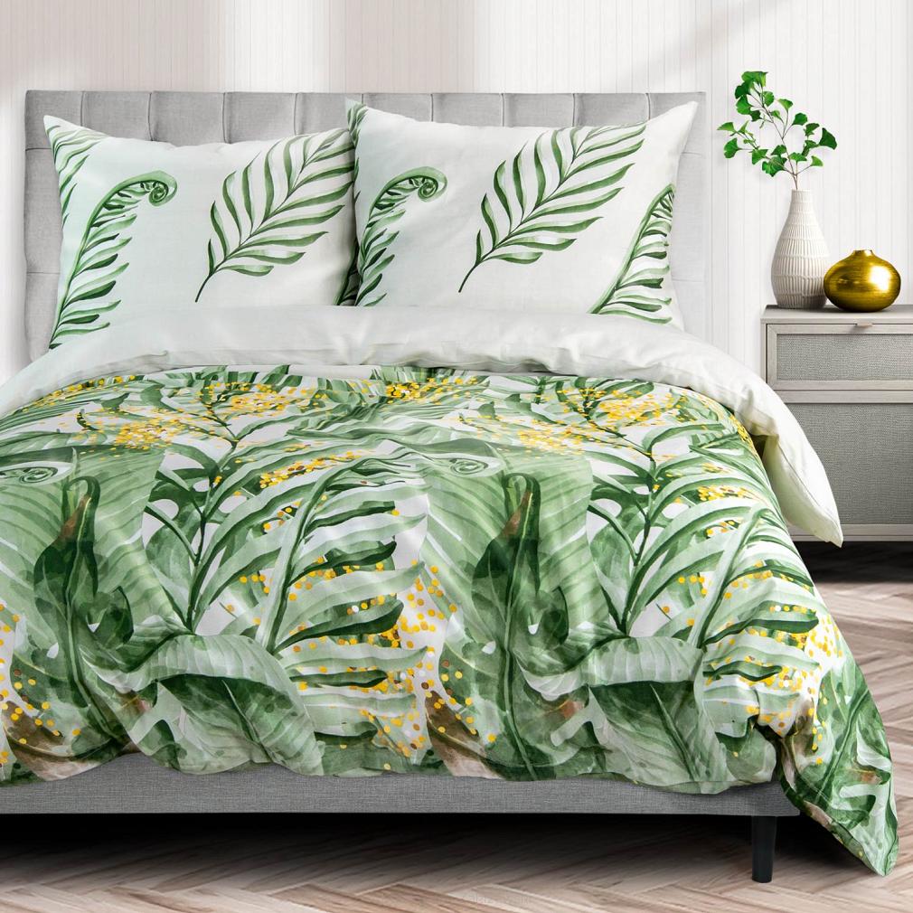Pościel satyna bawełniana SATYNLOVE 180x200 biała zielona duże egzotyczne liście