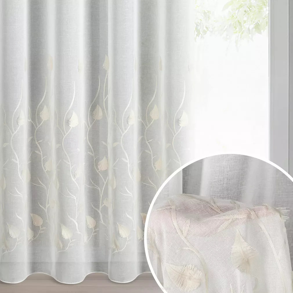 Firana gotowa na przelotkach BROKLYN 140x250 Eurofirany biała beżowy botaniczny haft