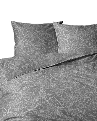 Pościel bawełniana Perkal Lamé Percale 220x200 szara grafitowa liście ozdobna lamówka