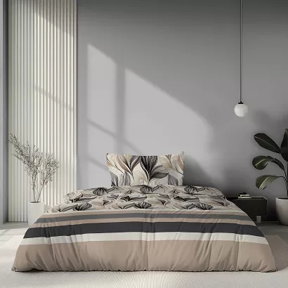 Pościel satynowa Home Satin 140x200 beżowa czarna w liście i pasy