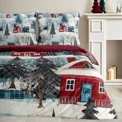 Komplet pościeli świąteczny NIKO 220x200 Eurofirany czerwony niebieski zimowa sceneria domki