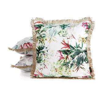 Poszewka dekoracyjna wodoodporna GARDEN 45x45 Eurofirany biała w subtelny nadruk kwiatów z frędzlami