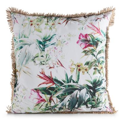 Poszewka dekoracyjna wodoodporna GARDEN 45x45 Eurofirany biała w subtelny nadruk kwiatów z frędzlami