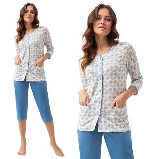 Piżama damska LUNA kod 668 niebieska kwiaty paisley rozpinana