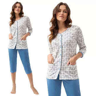 Piżama damska LUNA kod 668 niebieska kwiaty paisley rozpinana