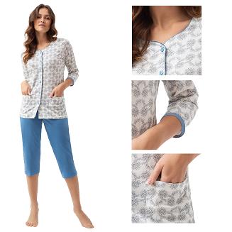 Piżama damska LUNA kod 668 niebieska kwiaty paisley rozpinana