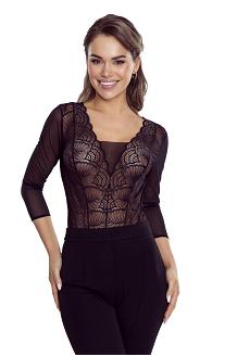 Koronkowe body damskie z rękawem 3/4 Gertruda czarne
