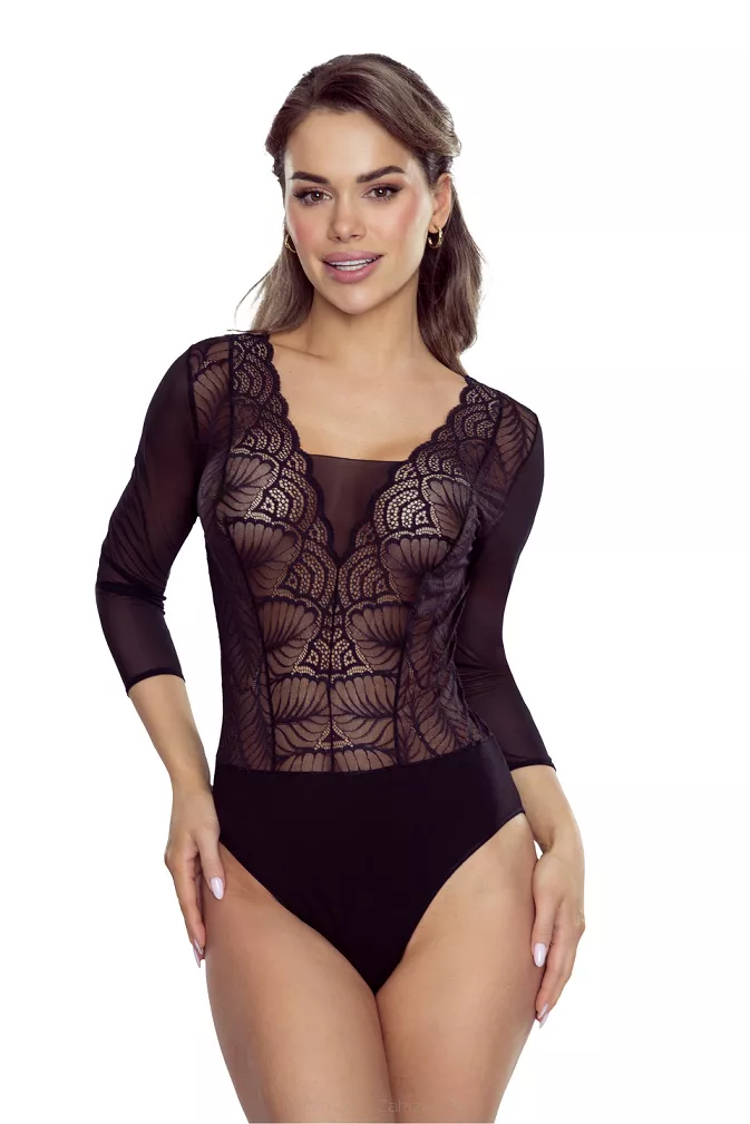 Koronkowe body damskie z rękawem 3/4 Gertruda czarne