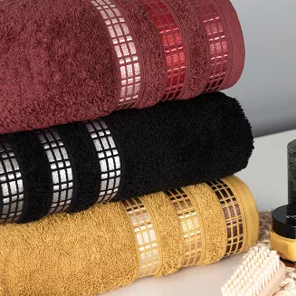 Ręcznik bawełniany LUXURY 70x140 bordowy z bordiurą w geometryczne pasy