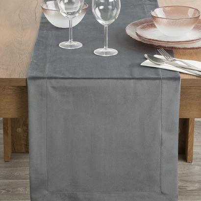 Bieżnik obrus dekoracyjny MELINDA 40x140 z welwetu stalowy z ozdobną listwą
