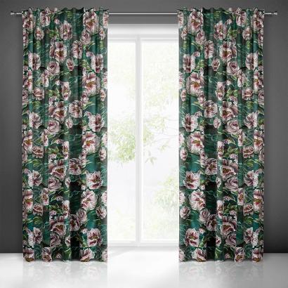 Zasłona gotowa na taśmie PALMERA 140x270 Eurofirany zielona w kwiaty