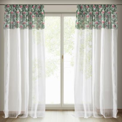 Zasłona gotowa na taśmie BOTANIC 140x250 Eurofirany biała wielokolorowa liście flamingi