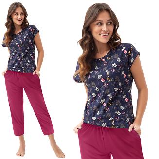 Piżama damska LUNA kod 664 różowa granatowa fuksja leśne kwiaty