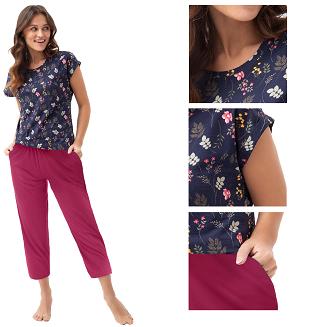 Piżama damska LUNA kod 664 różowa granatowa fuksja leśne kwiaty