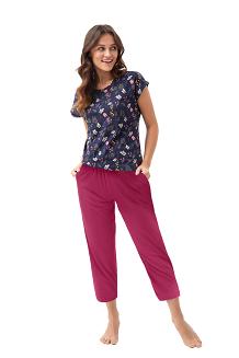 Piżama damska LUNA kod 664 różowa granatowa fuksja leśne kwiaty