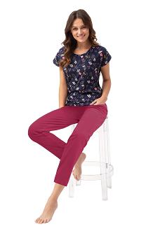 Piżama damska LUNA kod 664 różowa granatowa fuksja leśne kwiaty