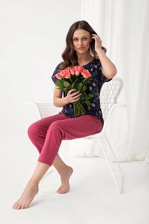 Piżama damska LUNA kod 664 różowa granatowa fuksja leśne kwiaty