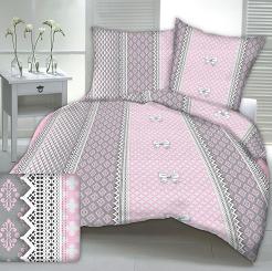 Pościel z kory 180x200 wzór różowo-szara koronka z kokardami