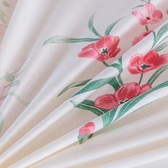 Pościel satynowa 160x200 kremowa różowa bukiety tulipanów