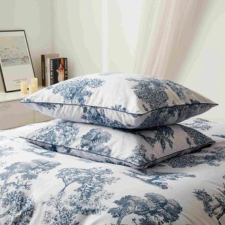 Biała Pościel Vintage z Nadrukiem Satyna Bawełniana 160x200 z Granatową Lamówką Biza