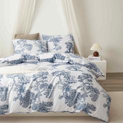 Biała Pościel Vintage z Nadrukiem Satyna Bawełniana 160x200 z Granatową Lamówką Biza