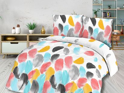 Pościel bawełniana 220x200 COTTONLOVE biała kolorowe piórka