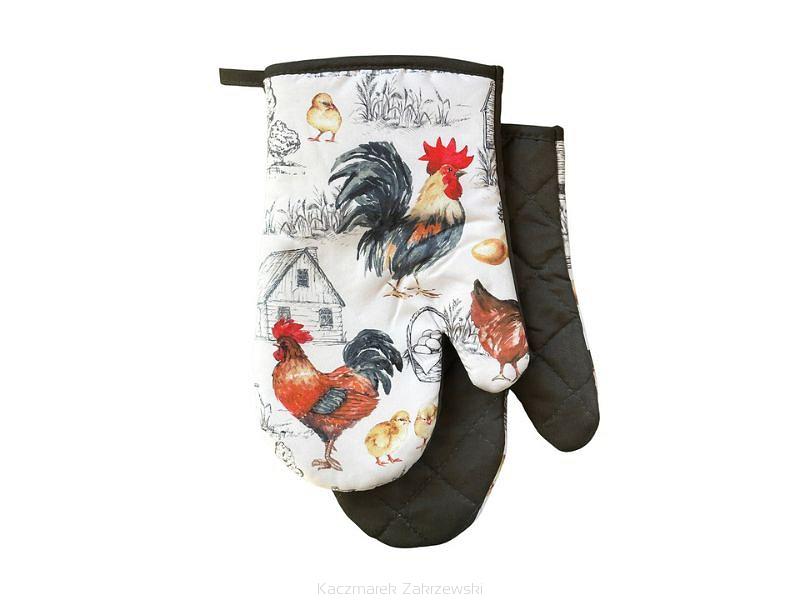 Rękawice kuchenne 18x27 z magnesem 2 szt. białe czarne wiejskie podwórko