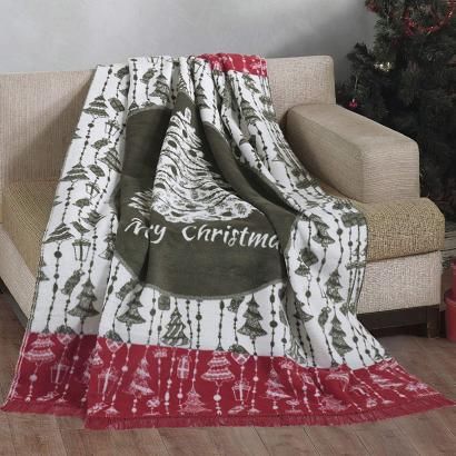 Koc bawełniano-akrylowy 150x200 świąteczny czerwony biały khaki choinki