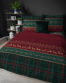 Pościel flanelowa świąteczna 160x200 czerwona zielona renifery krata