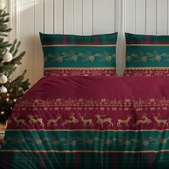 Pościel flanelowa świąteczna 160x200 czerwona zielona renifery krata