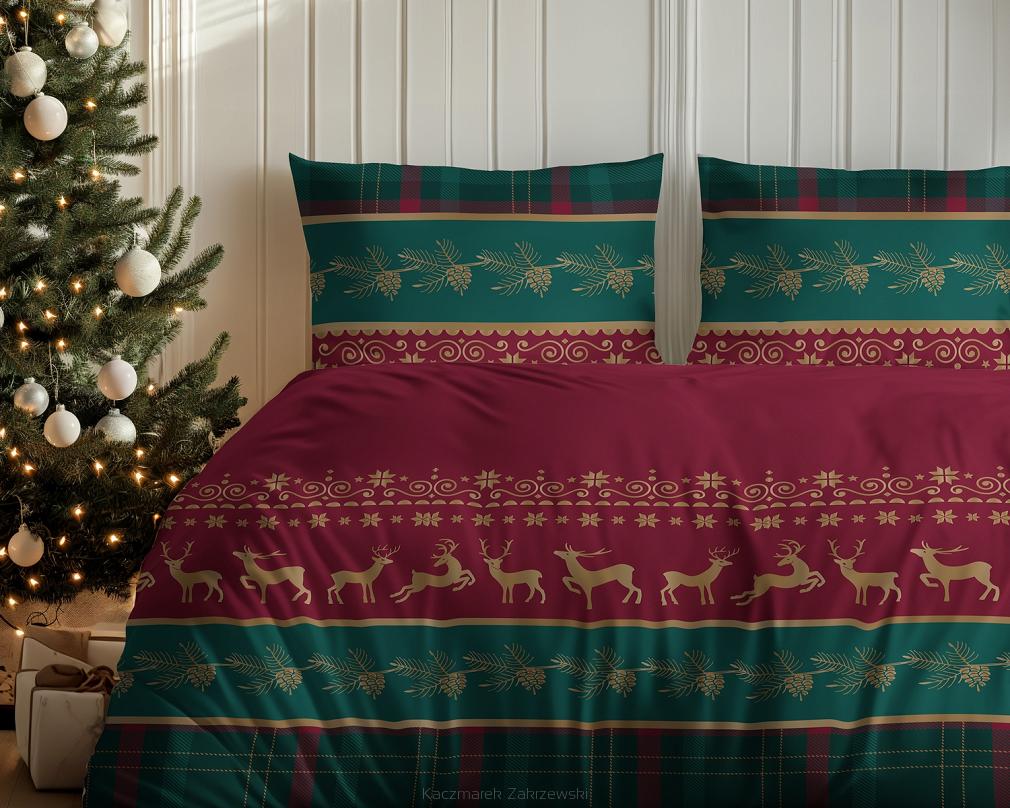 Pościel flanelowa świąteczna 160x200 czerwona zielona renifery krata