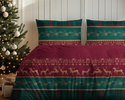 Pościel flanelowa świąteczna 160x200 czerwona zielona renifery krata