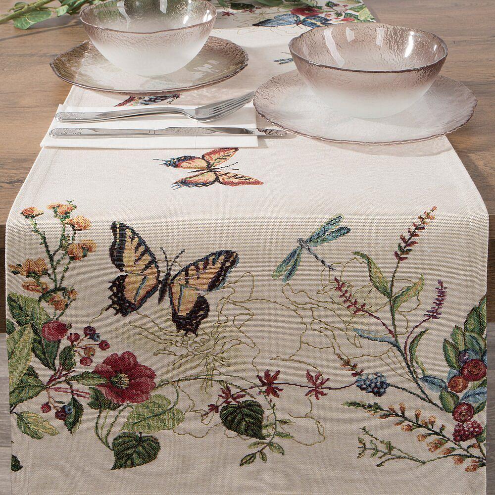Bieżnik obrus dekoracyjny gobelin SPRING 40x100 Eurofirany naturalny czerwony kwiaty motyle