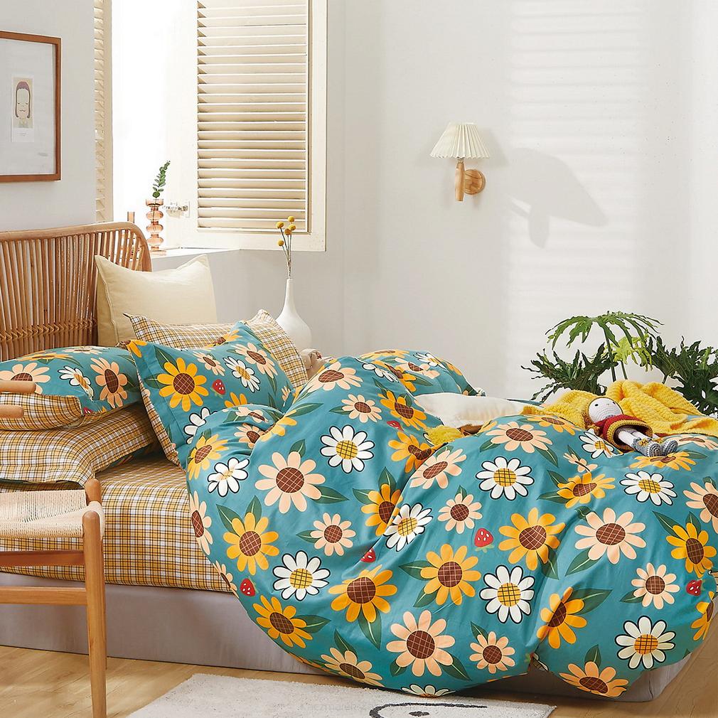 Pościel satynowa 160x200 wzór kwiatki na turkusowym tle + żółta kratka