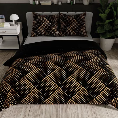 Komplet pościeli LUXE z bawełny satynowej 160x200 czarna złotobeżowa grochy kwadraty