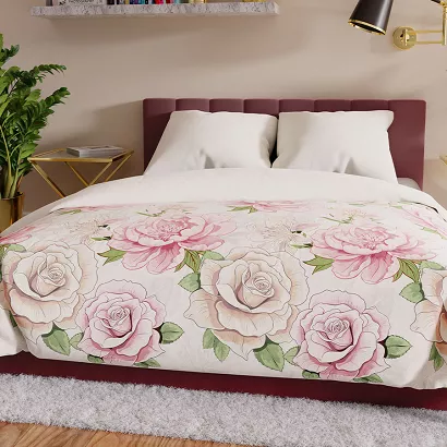 Komplet pościeli PATTI  z bawełny satynowej 160x200 kremowa różowa duże kwiaty róże
