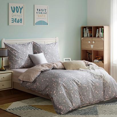 Pościel satyna bawełniana 160x200 szara różowa beżowa kwiatki a'la łączka