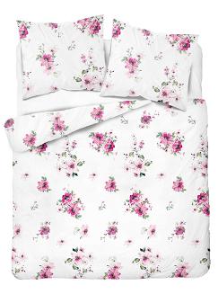 Pościel flanelowa 160x200 biała różowe ogrodowe kwiaty