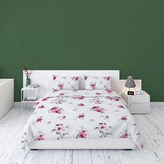Pościel flanelowa 160x200 biała różowe ogrodowe kwiaty