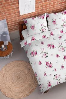 Pościel flanelowa 160x200 biała różowe ogrodowe kwiaty