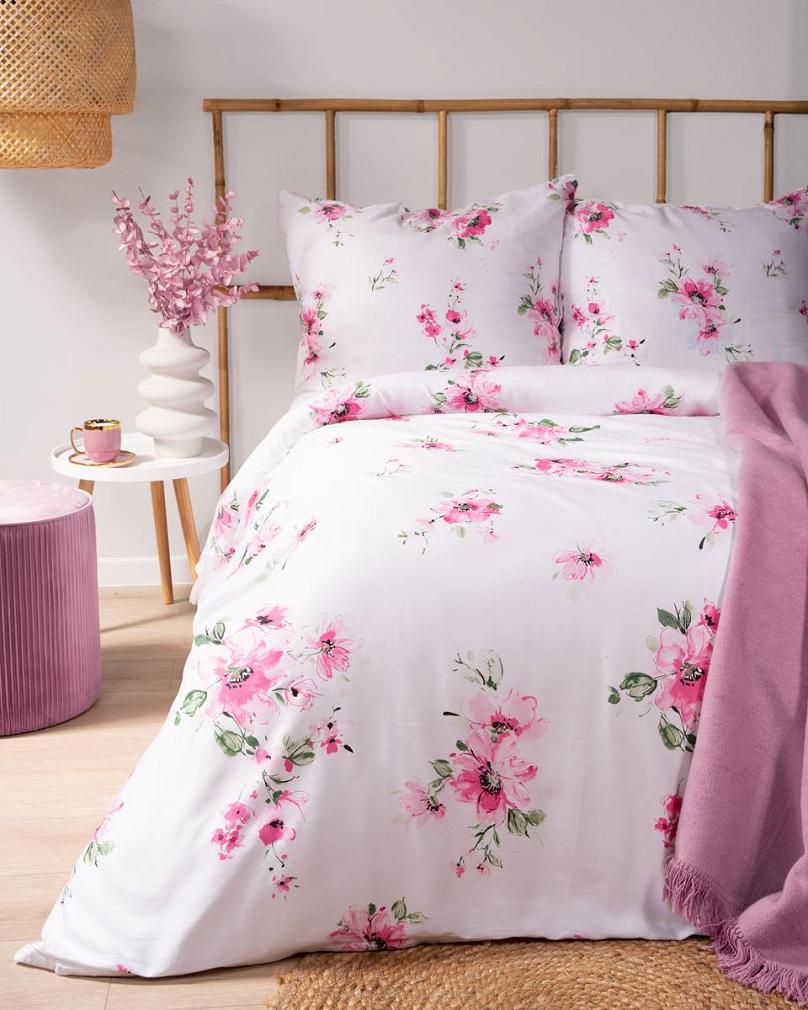 Pościel flanelowa 160x200 biała różowe ogrodowe kwiaty