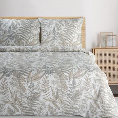 Pościel satynowa LUNA 160x200 Eurofirany beżowa kremowa wzór botaniczny runo leśne paprocie