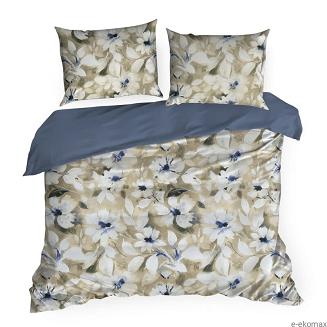 Pościel satynowa SPRING 140x200 Eurofirany jasnobeżowa ciemnoniebieska w kwiaty