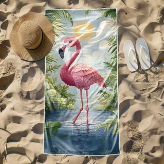 Ręcznik plażowy 100x180 różowy flaming w tropikach