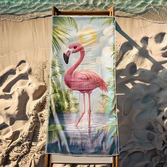 Ręcznik plażowy 100x180 różowy flaming w tropikach