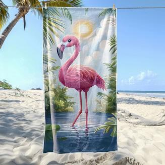 Ręcznik plażowy 100x180 różowy flaming w tropikach