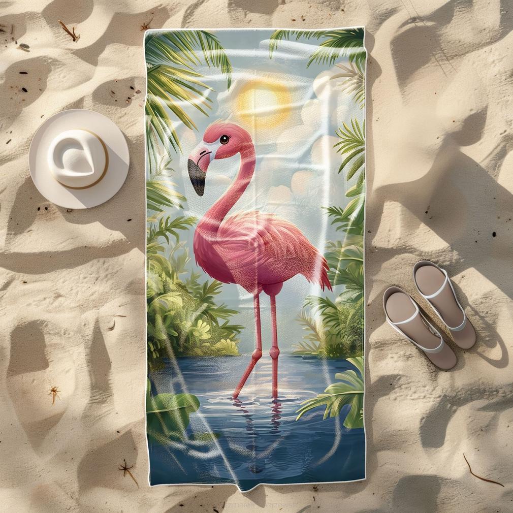 Ręcznik plażowy 100x180 różowy flaming w tropikach