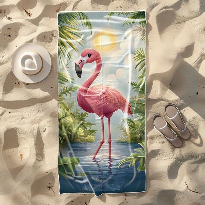 Ręcznik plażowy 100x180 różowy flaming w tropikach