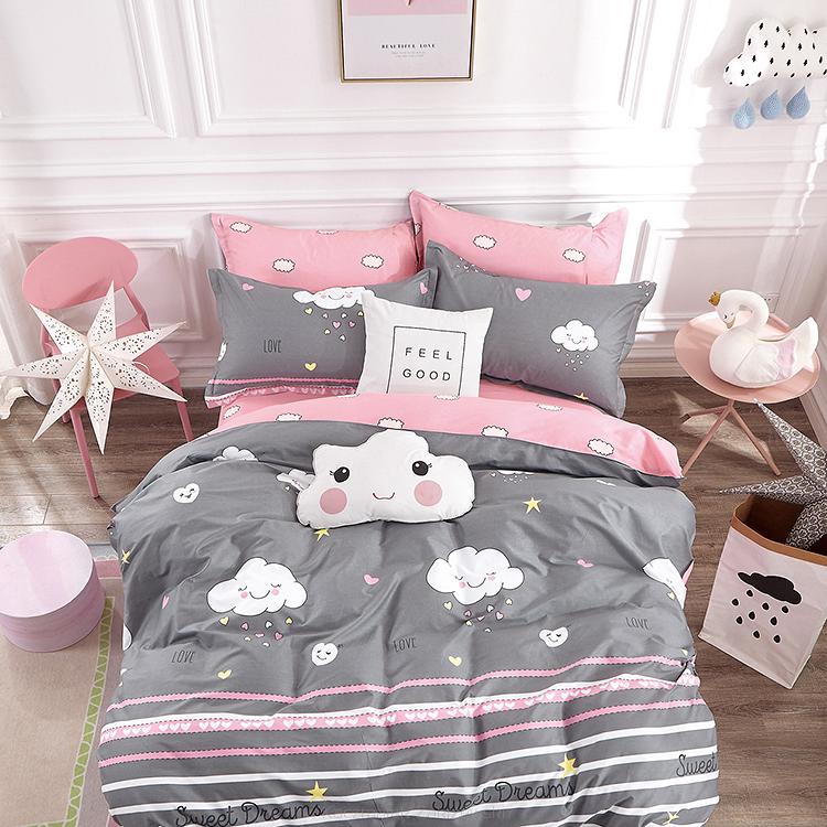 Pościel dla dzieci 160x200 szara różowa wesoła chmurka