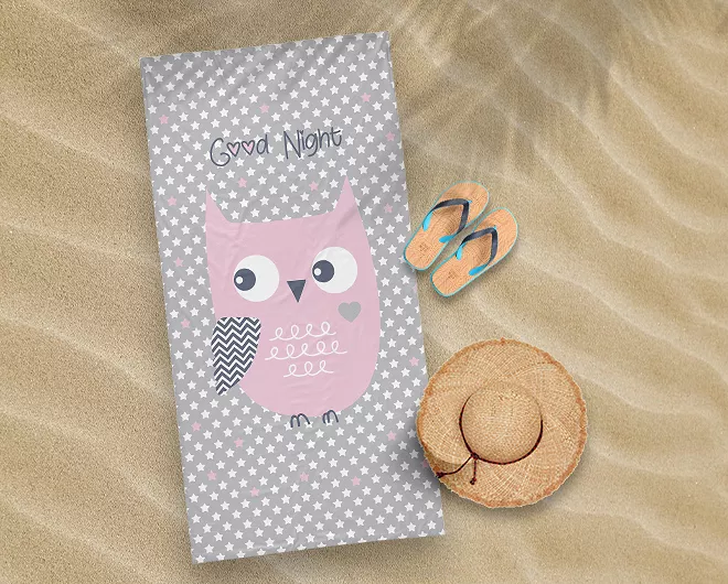 Ręcznik plażowy DESIGN 70x140 szary różowy sowa